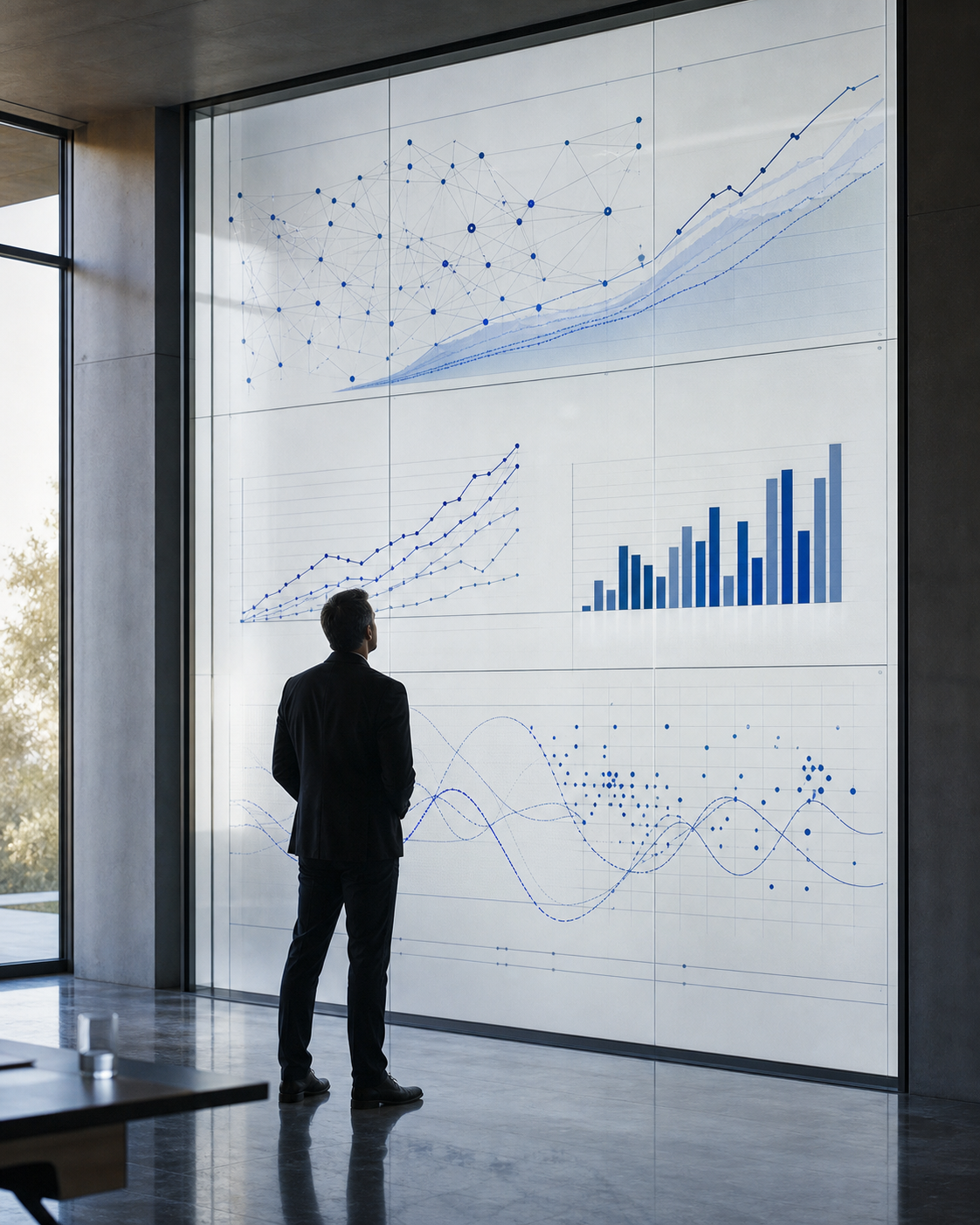 A consultant reviewing business trends and connected analytical signals on a glass data wall